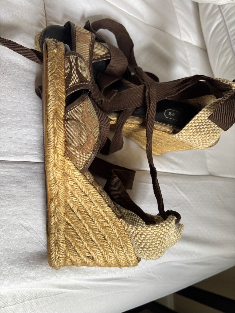 Coach Tan and Brown Signature Canvas Espadrille Wedges with Ankle Ties - Picture 2 of 4